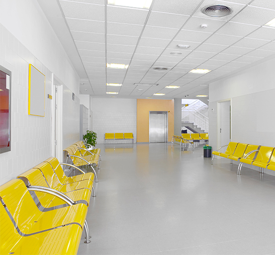 Inside a clean hospital hallway